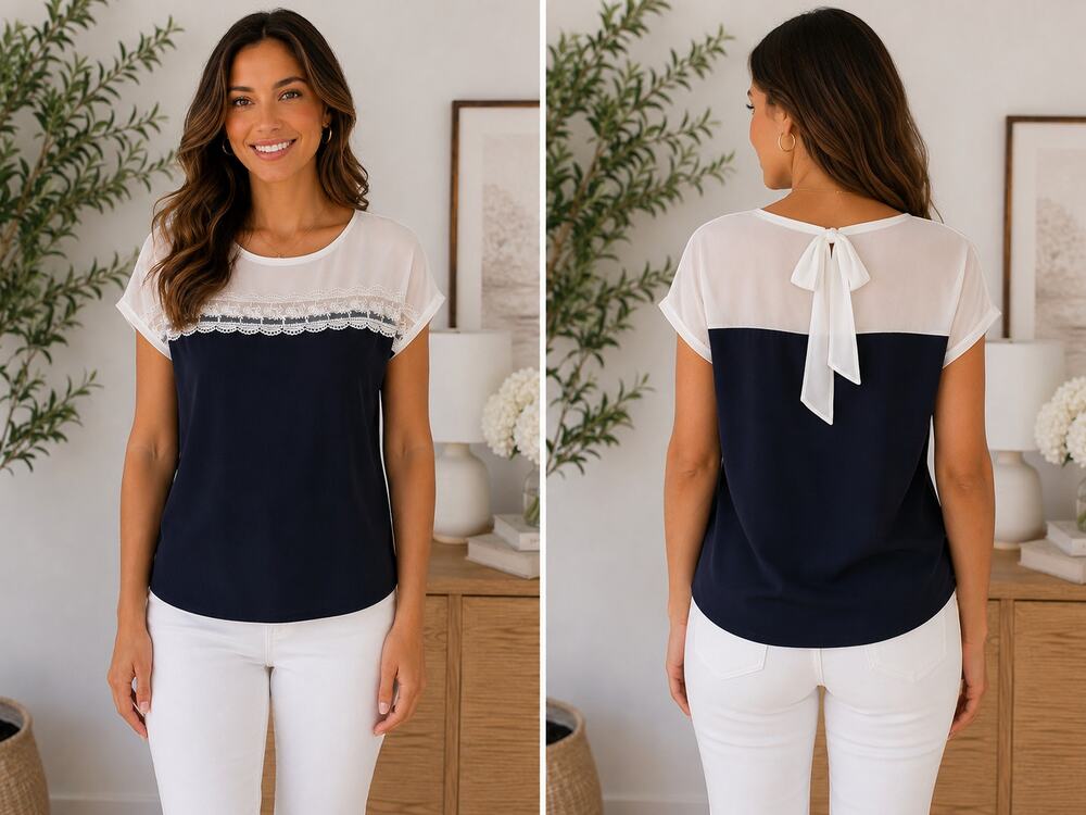 Faith and Joy Navy White Lace Colorblock Blouse Top Size Medium